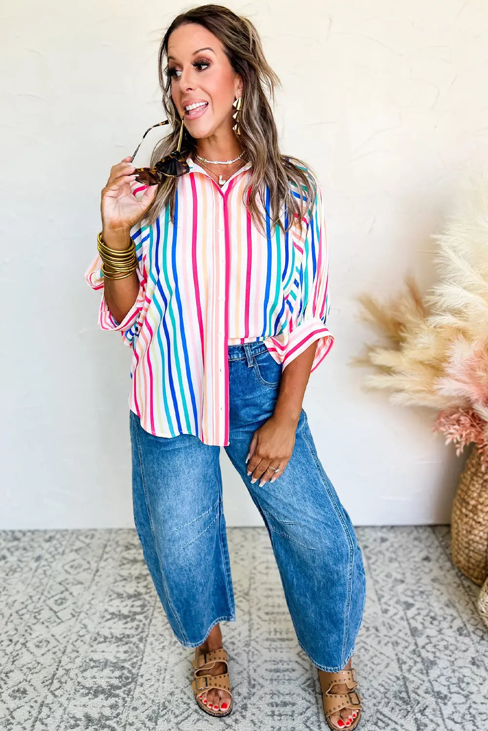 Pink Stripe 3/4 Sleeve Button Up Casual Shirt - eAura