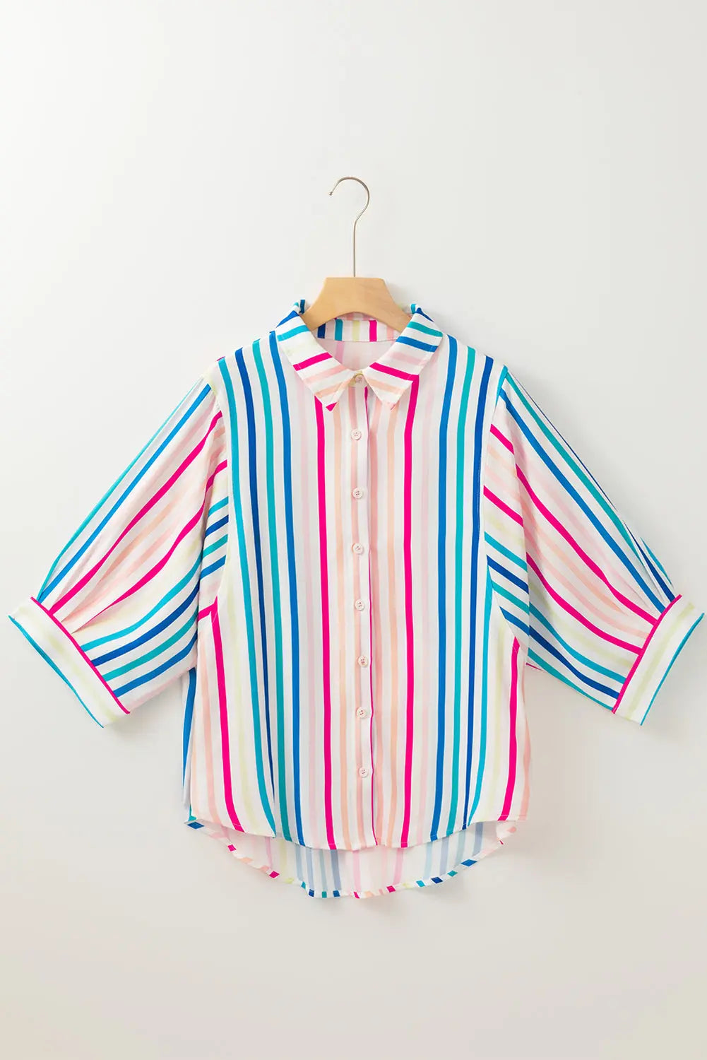 Pink Stripe 3/4 Sleeve Button Up Casual Shirt - eAura