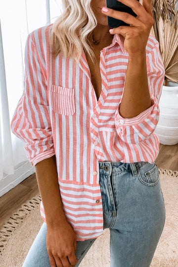 Pink Stripe Buttoned Long Sleeve Casual Shirt - PINK STRIPE / S / 50% POLYESTER + 50% COTTON - Tops/Blouses & Shirts