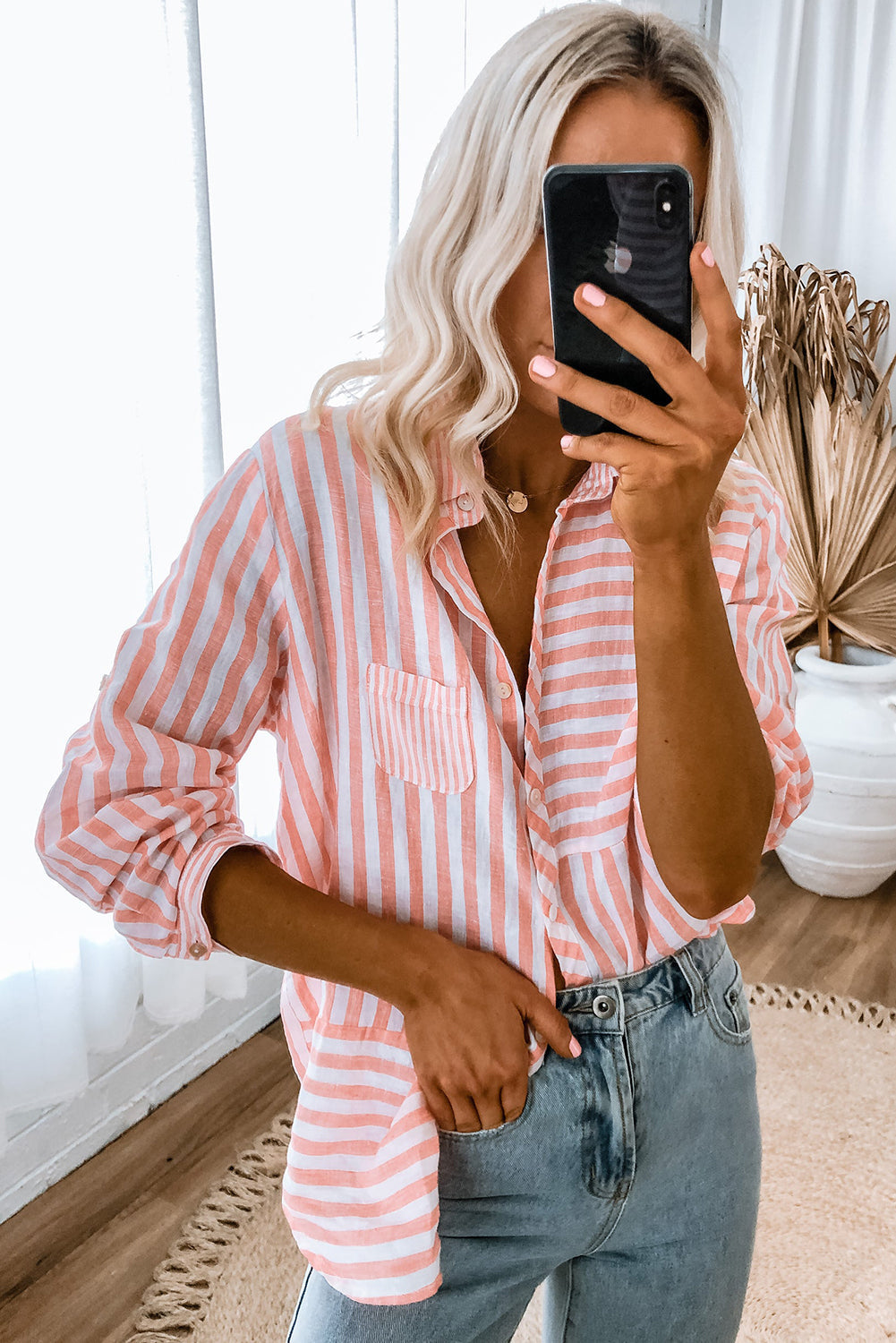 Pink Stripe Buttoned Long Sleeve Casual Shirt - Tops/Blouses & Shirts