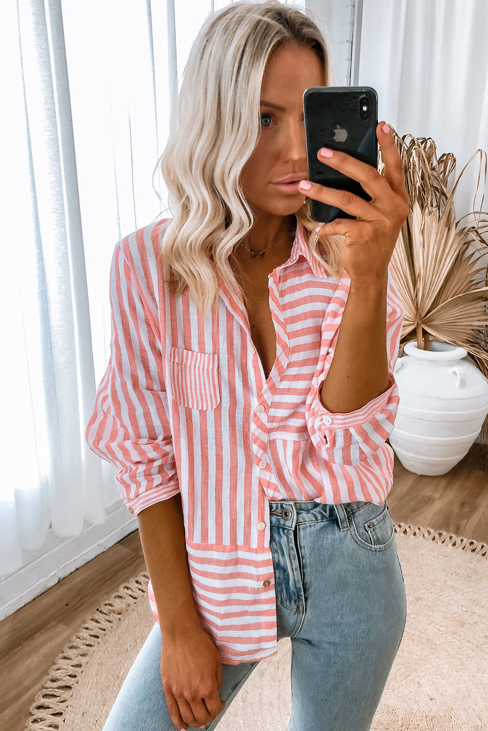 Pink Stripe Buttoned Long Sleeve Casual Shirt - Tops/Blouses & Shirts