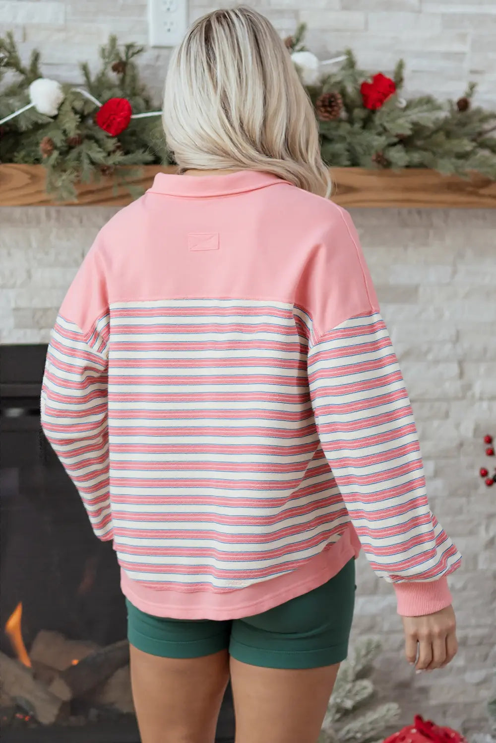 Pink Stripe Buttoned V Neck Collared Drop Shoulder Top - eAura