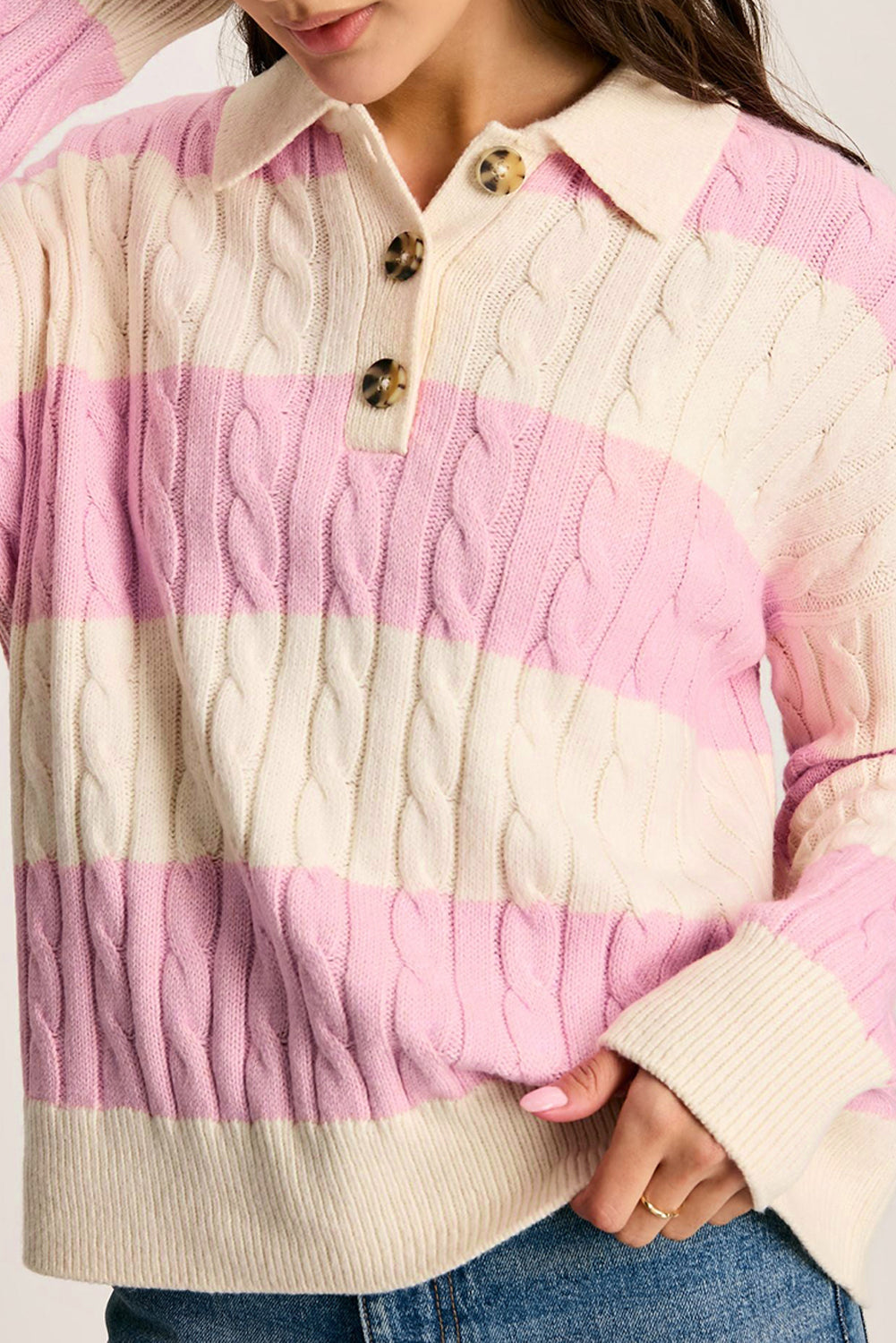 Pink Stripe Cable Knit Collared Henley Sweater - eAura