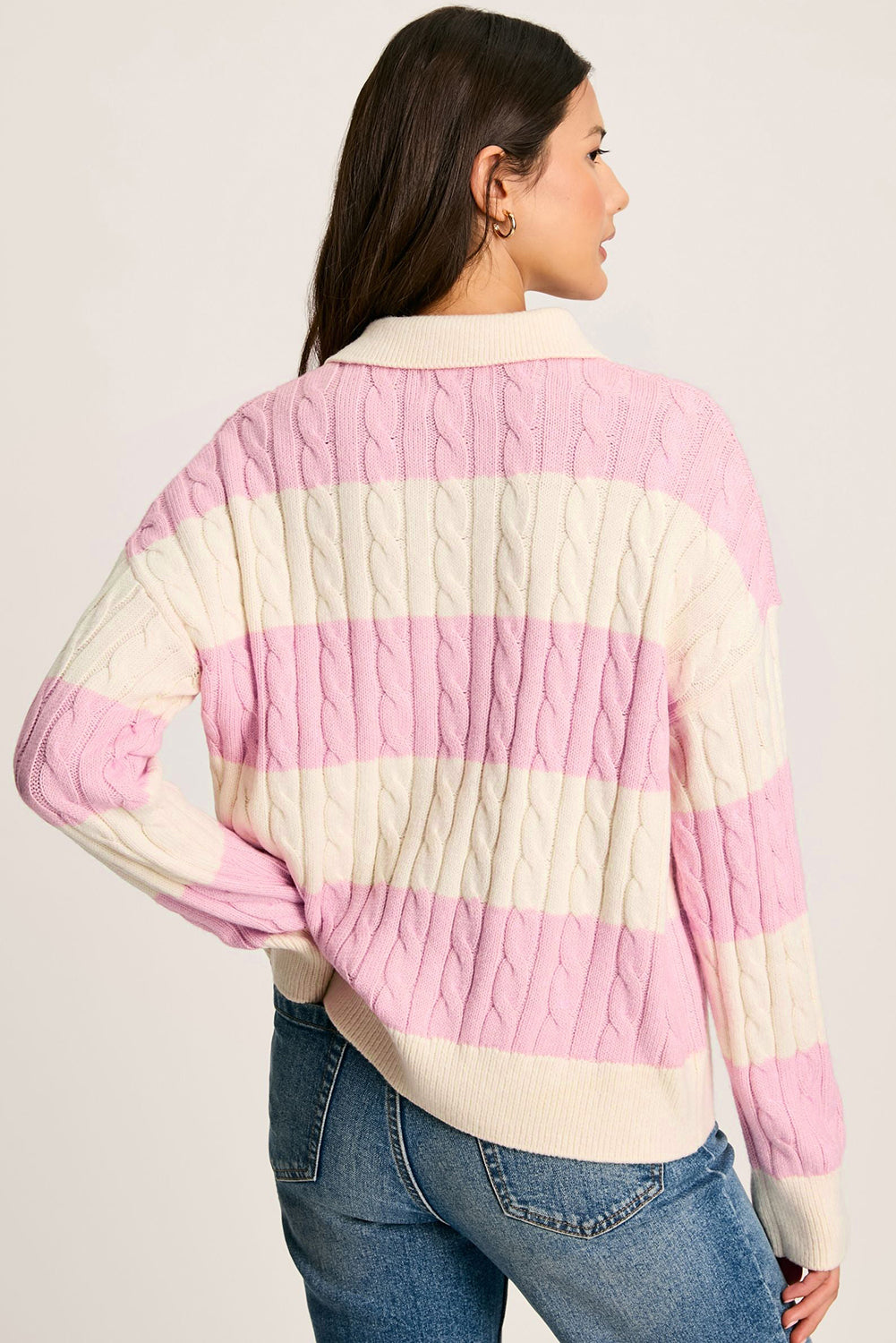 Pink Stripe Cable Knit Collared Henley Sweater - eAura