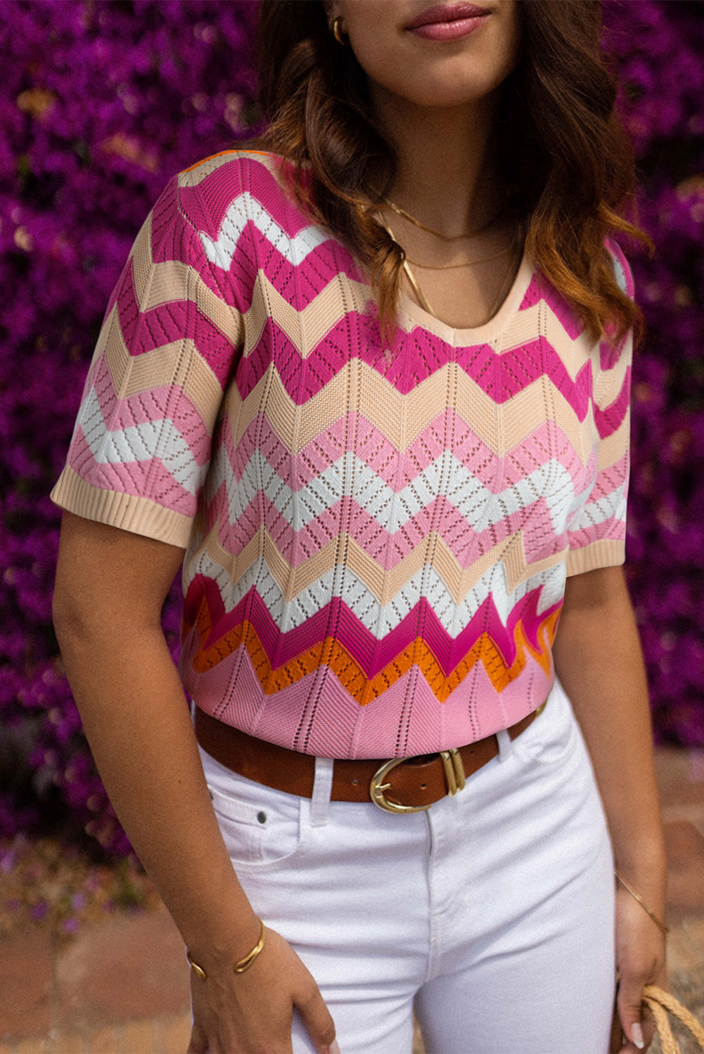 Pink Stripe Chevron Pointelle Knit V Neck Short Sleeve Sweater - eAura
