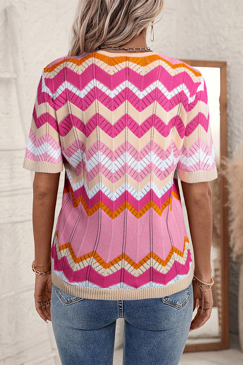 Pink Stripe Chevron Pointelle Knit V Neck Short Sleeve Sweater - eAura