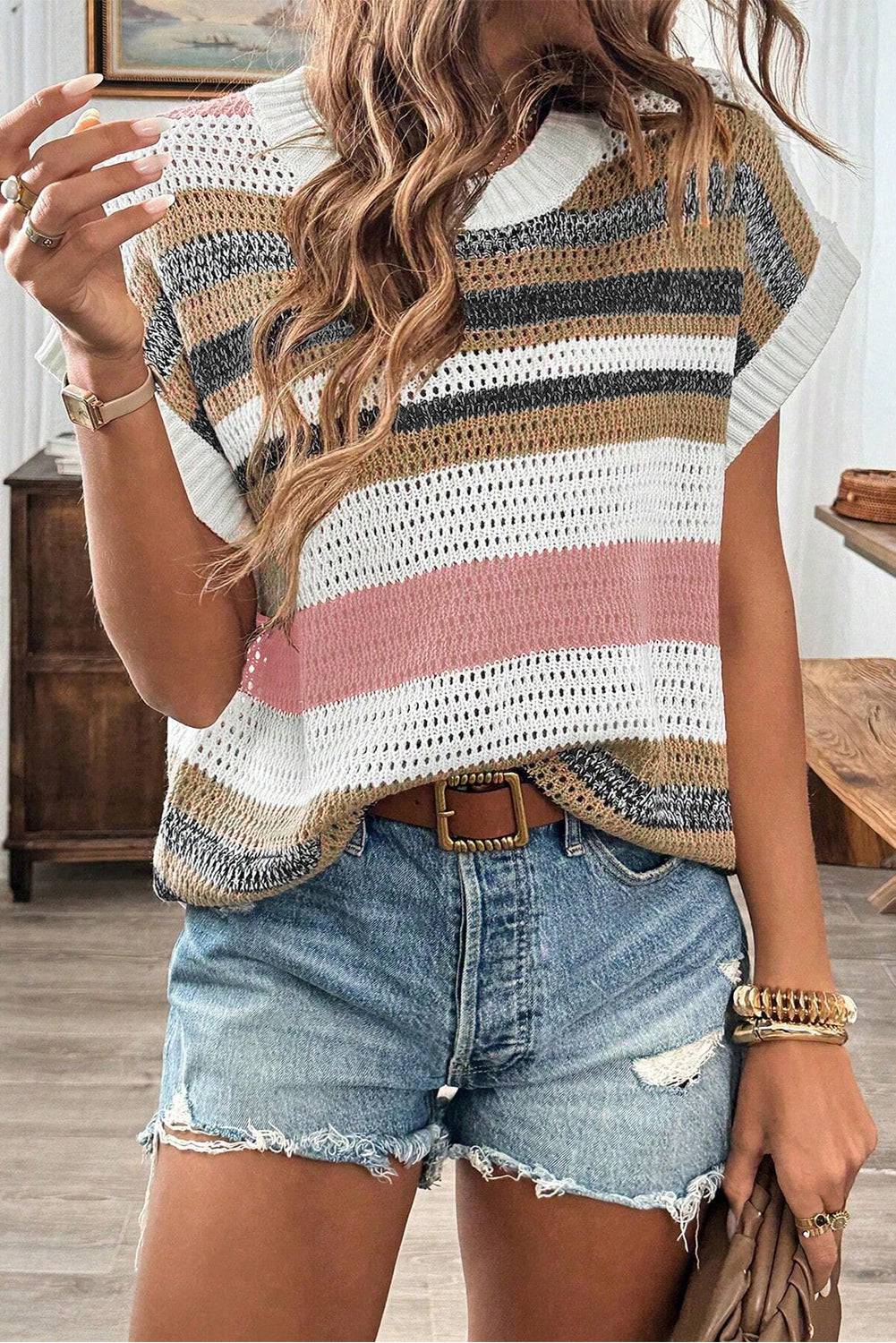 Pink Stripe Colour Block Eyelet Knit Short Sleeve Sweater Tee - eAura