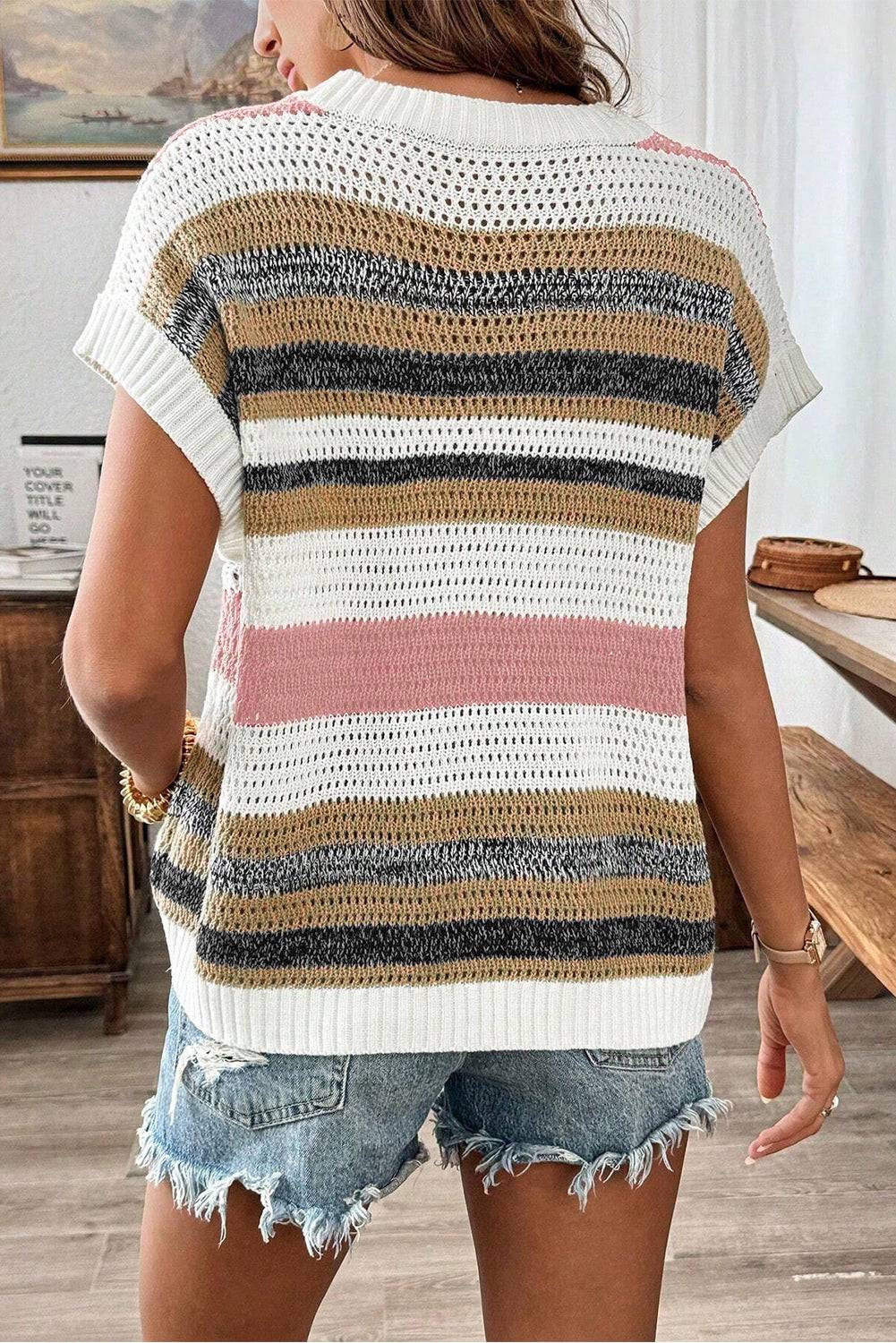 Pink Stripe Colour Block Eyelet Knit Short Sleeve Sweater Tee - eAura