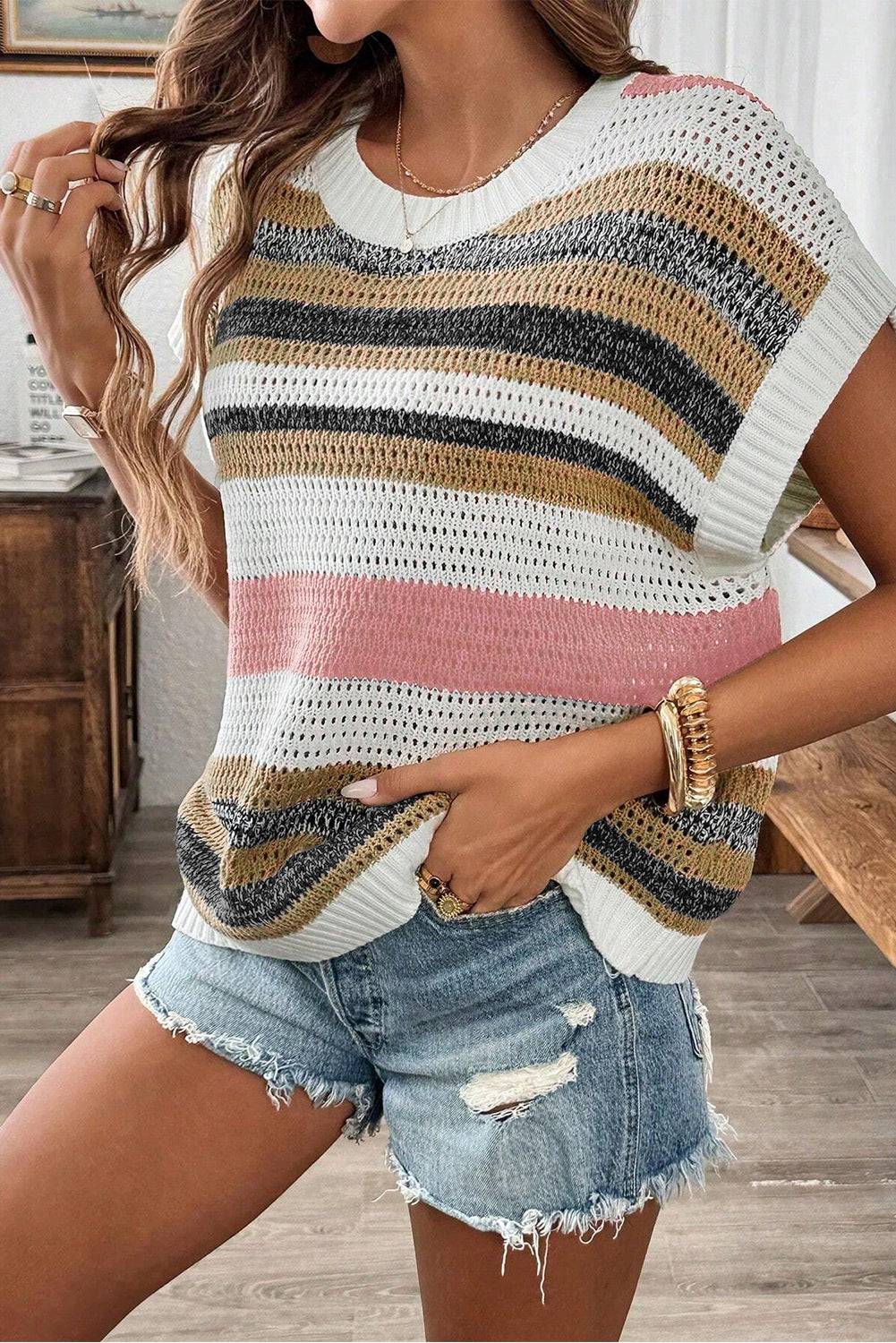 Pink Stripe Colour Block Eyelet Knit Short Sleeve Sweater Tee - eAura
