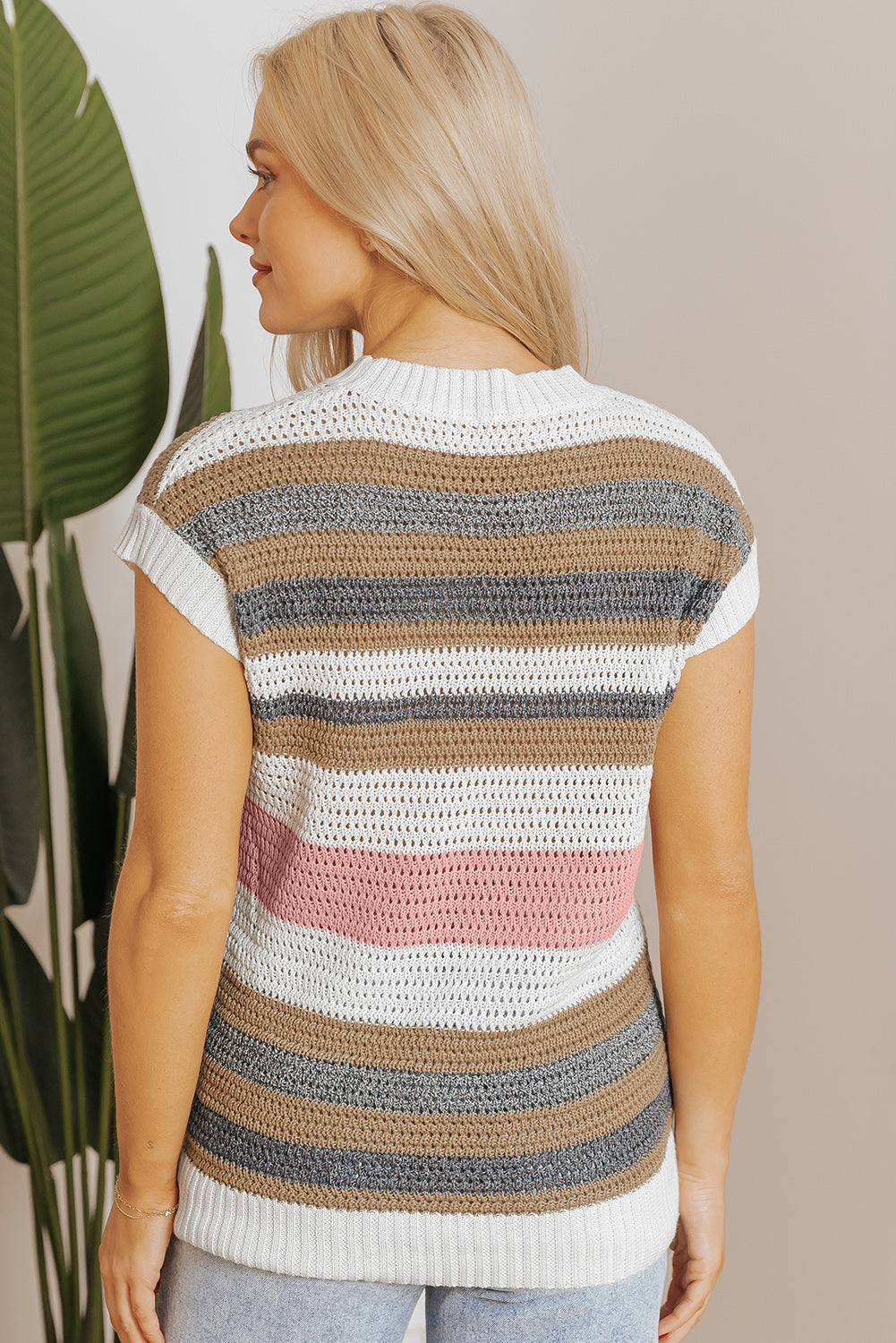 Pink Stripe Colour Block Eyelet Knit Short Sleeve Sweater Tee - eAura