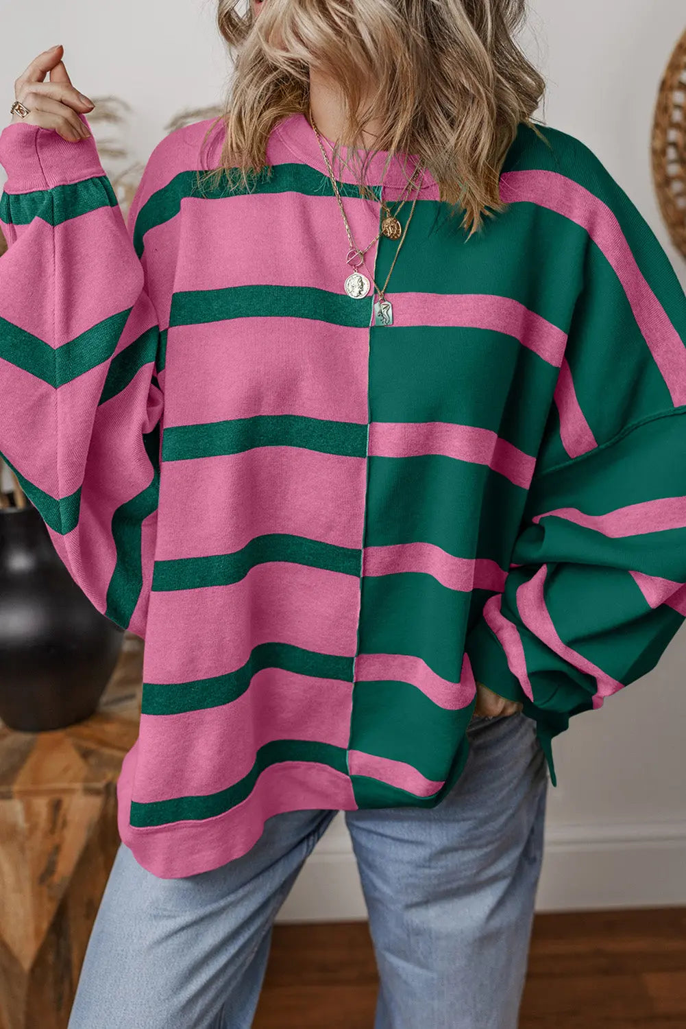 Pink Stripe Colourblock Oversized Sweater - eAura