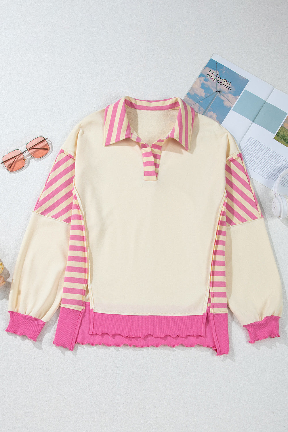 Pink Stripe Colourblock Patchwork Collared French Terry Knit Top - eAura