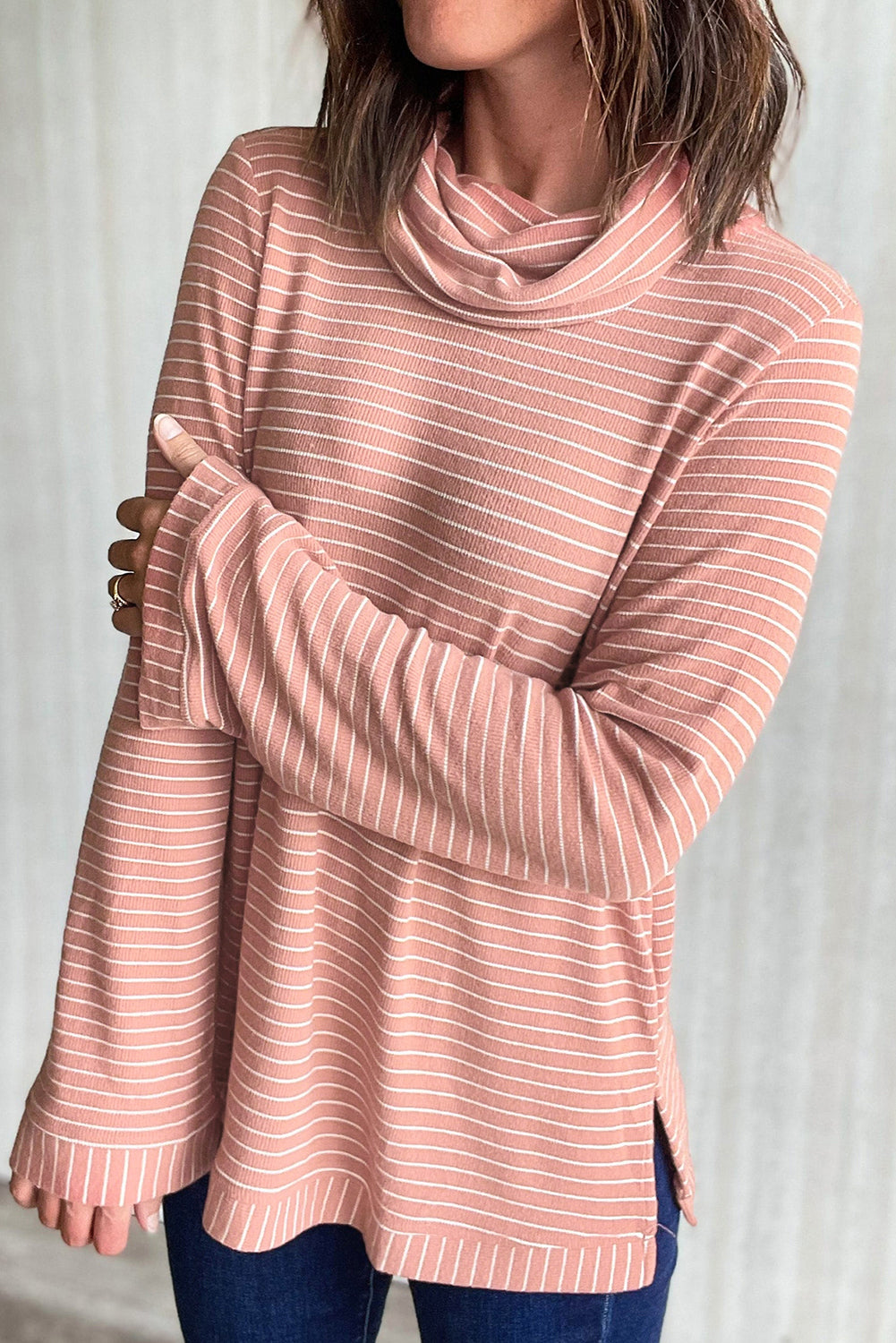 Pink Stripe Cowl Neck Side Slits Loose Fit Long Sleeve Top - eAura