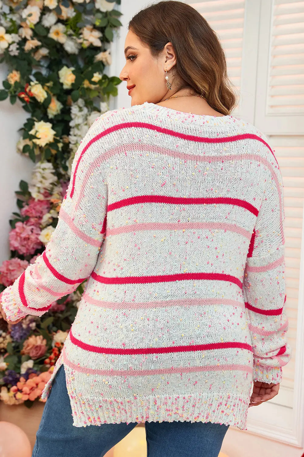 Pink Stripe Drop Shoulder Side Split Plus Size Sweater Beagle Boutique Fashion Outlet
