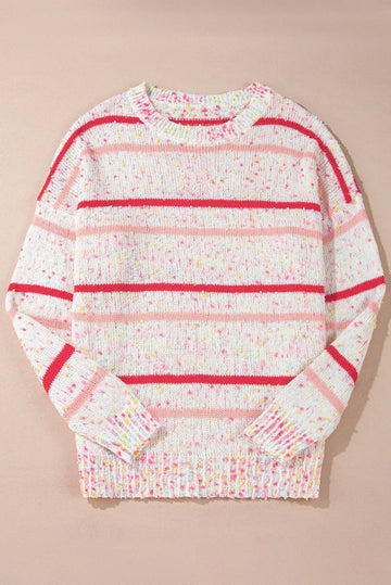 Pink Stripe Drop Shoulder Side Split Plus Size Sweater Beagle Boutique Fashion Outlet