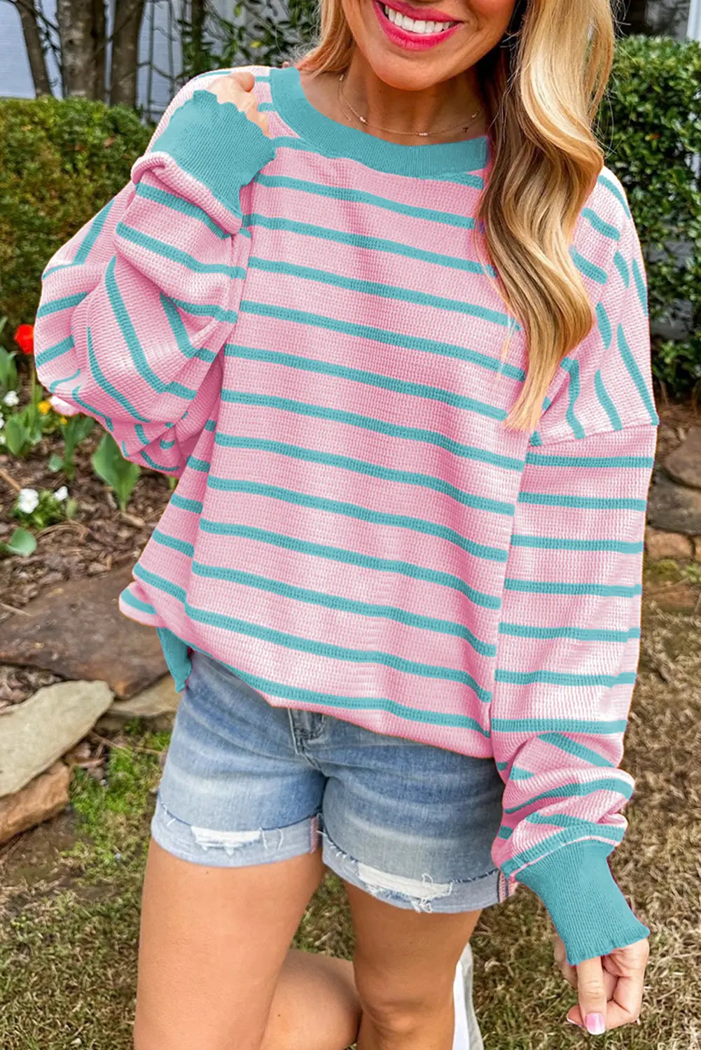 Pink Stripe Trimmed Round Neck Drop Shoulder Loose Sweater - eAura