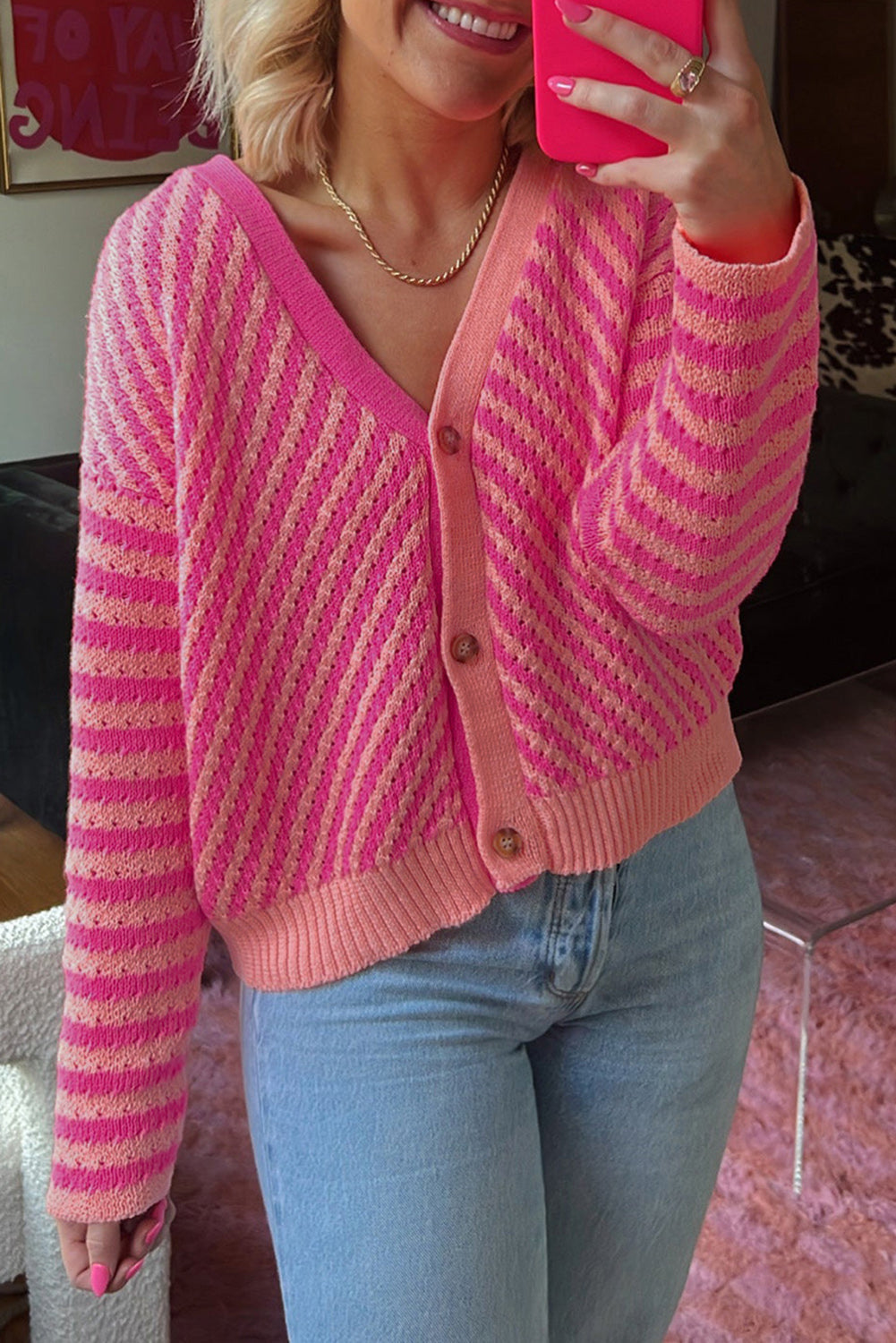 Pink Striped Buttoned V Neck Drop Shoulder Cardigan - eAura