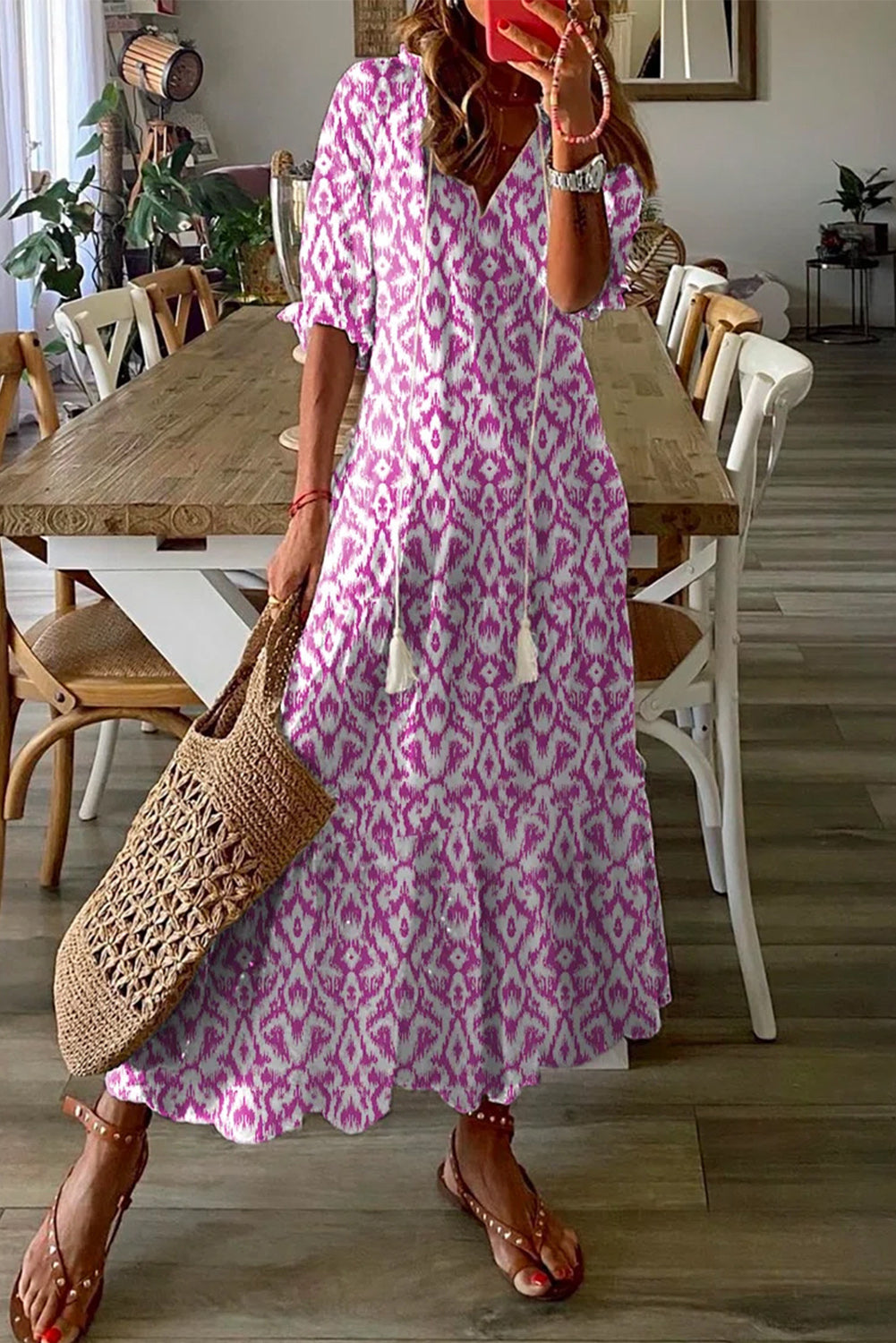 Pink V Neck Casual Geometric Print Maxi Dress - eAura