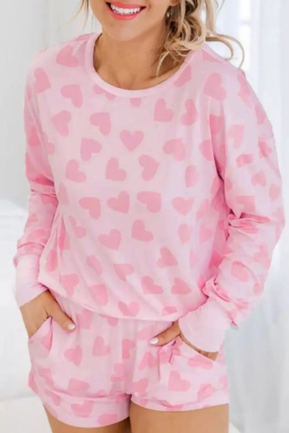 Pink Valentine Heart Shape Print Long Sleeve Top Shorts Lounge Set eAura