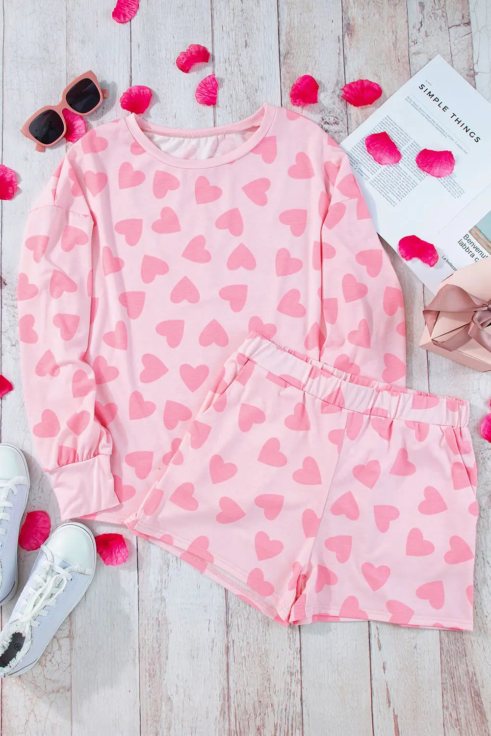 Pink Valentine Heart Shape Print Long Sleeve Top Shorts Lounge Set eAura