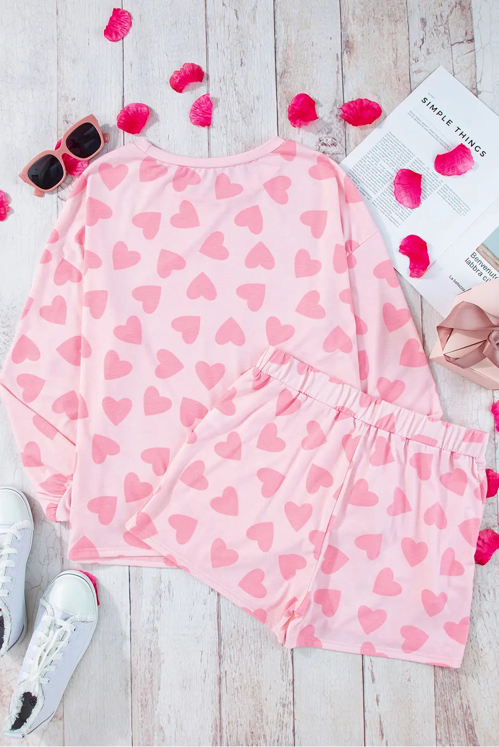 Pink Valentine Heart Shape Print Long Sleeve Top Shorts Lounge Set eAura