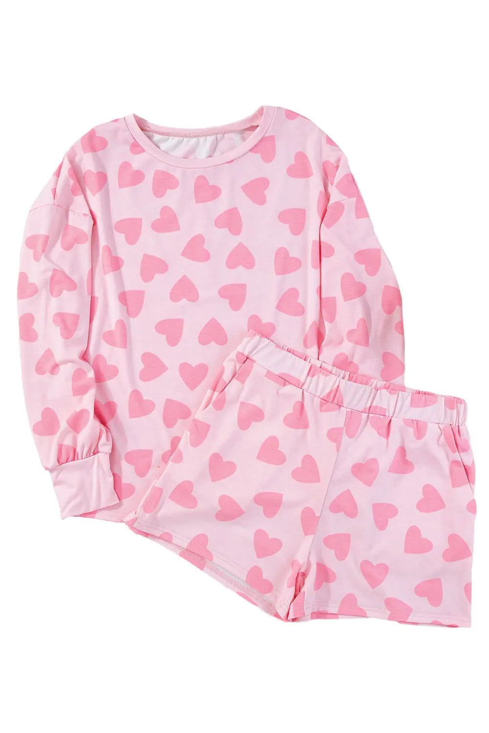 Pink Valentine Heart Shape Print Long Sleeve Top Shorts Lounge Set eAura