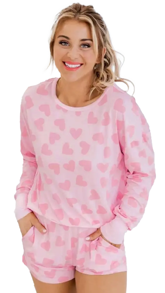 Pink Valentine Heart Shape Print Long Sleeve Top Shorts Lounge Set eAura