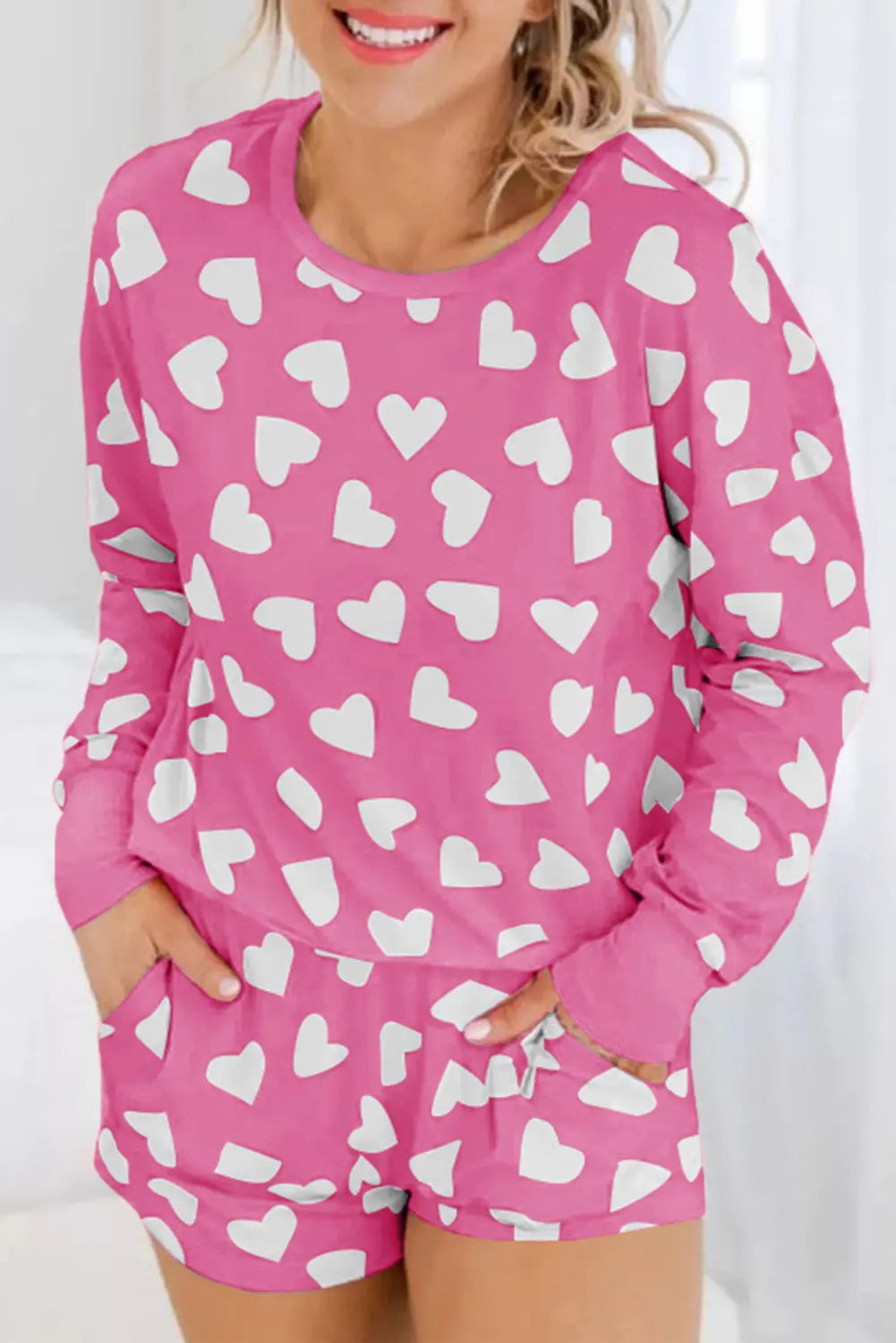 Pink Valentine Heart Shape Print Long Sleeve Top Shorts Lounge Set eAura