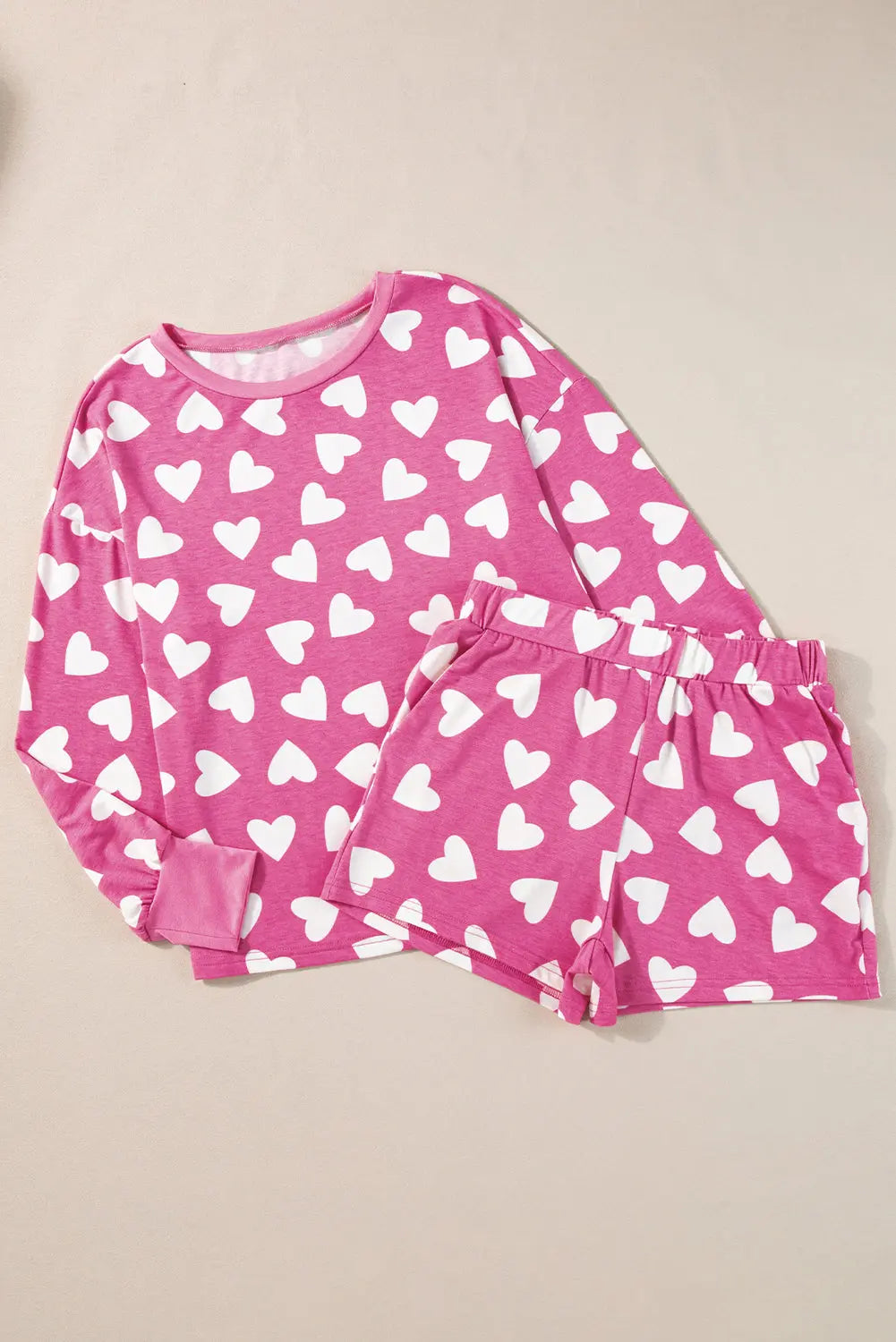 Pink Valentine Heart Shape Print Long Sleeve Top Shorts Lounge Set eAura
