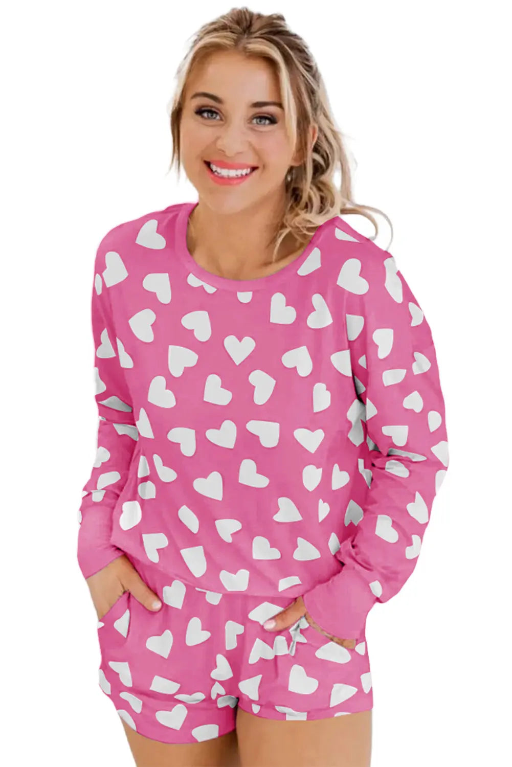 Pink Valentine Heart Shape Print Long Sleeve Top Shorts Lounge Set eAura