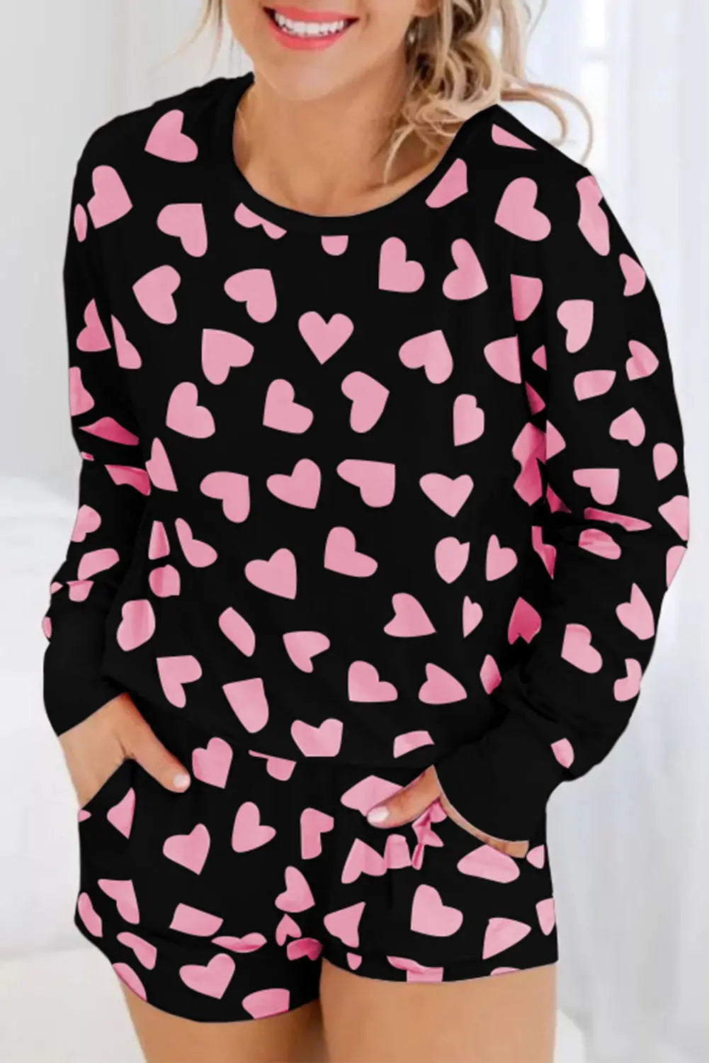 Pink Valentine Heart Shape Print Long Sleeve Top Shorts Lounge Set eAura
