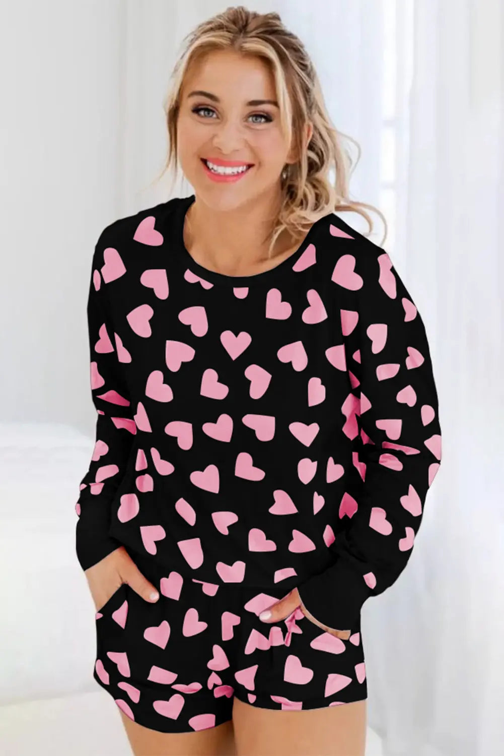 Pink Valentine Heart Shape Print Long Sleeve Top Shorts Lounge Set eAura