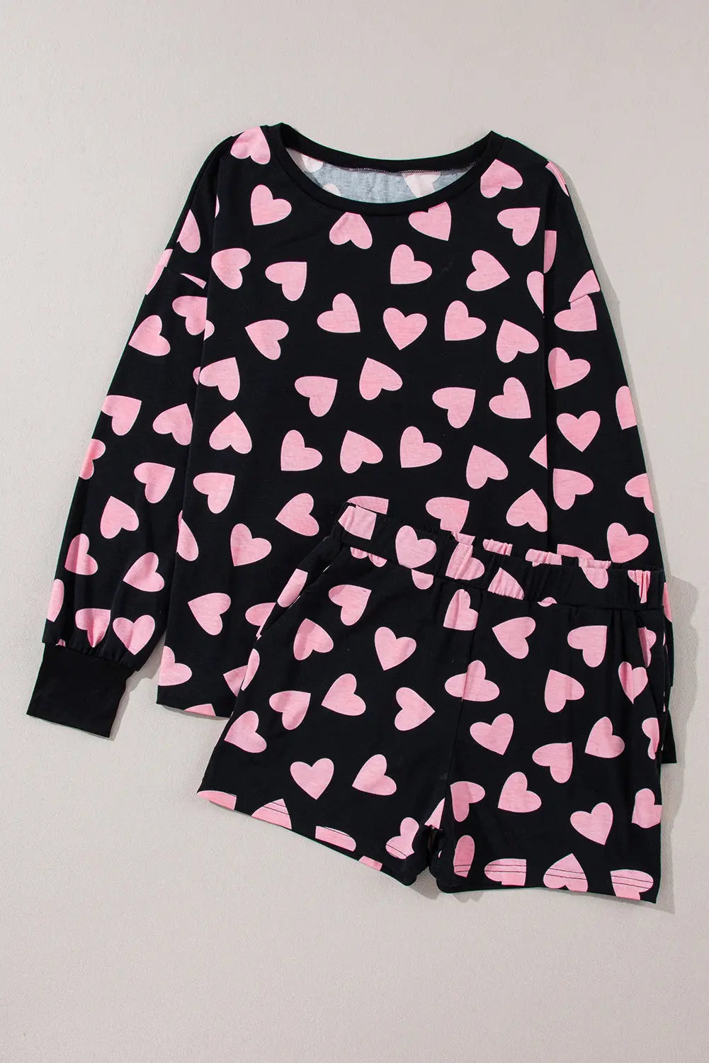 Pink Valentine Heart Shape Print Long Sleeve Top Shorts Lounge Set eAura