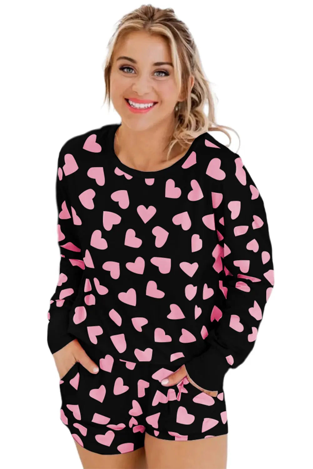 Pink Valentine Heart Shape Print Long Sleeve Top Shorts Lounge Set eAura