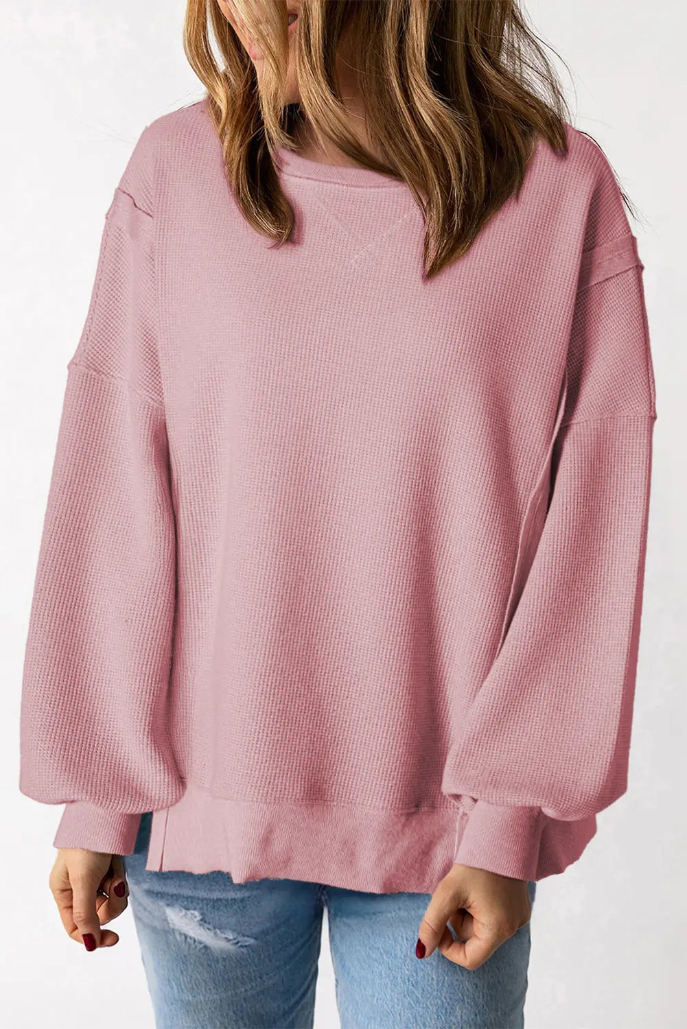 Pink Waffle Knit Bishop Sleeve Split Oversized Sweatshirt Beagle Boutique Fashion Outlet