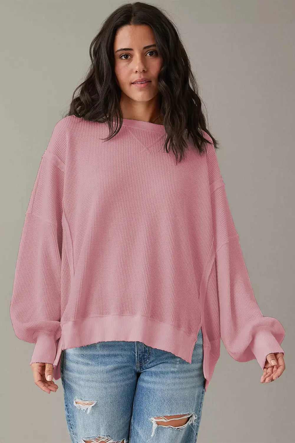 Pink Waffle Knit Bishop Sleeve Split Oversized Sweatshirt Beagle Boutique Fashion Outlet