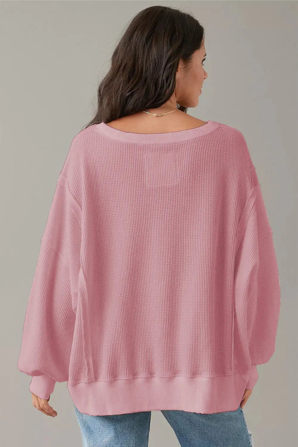 Pink Waffle Knit Bishop Sleeve Split Oversized Sweatshirt Beagle Boutique Fashion Outlet