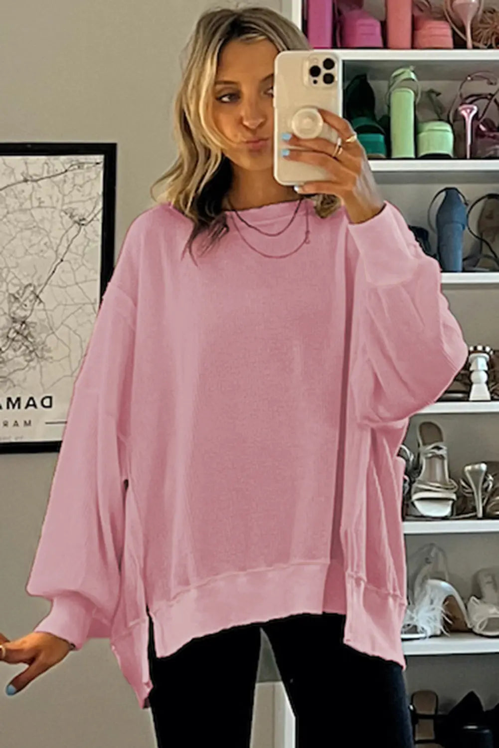 Pink Waffle Knit Bishop Sleeve Split Oversized Sweatshirt Beagle Boutique Fashion Outlet
