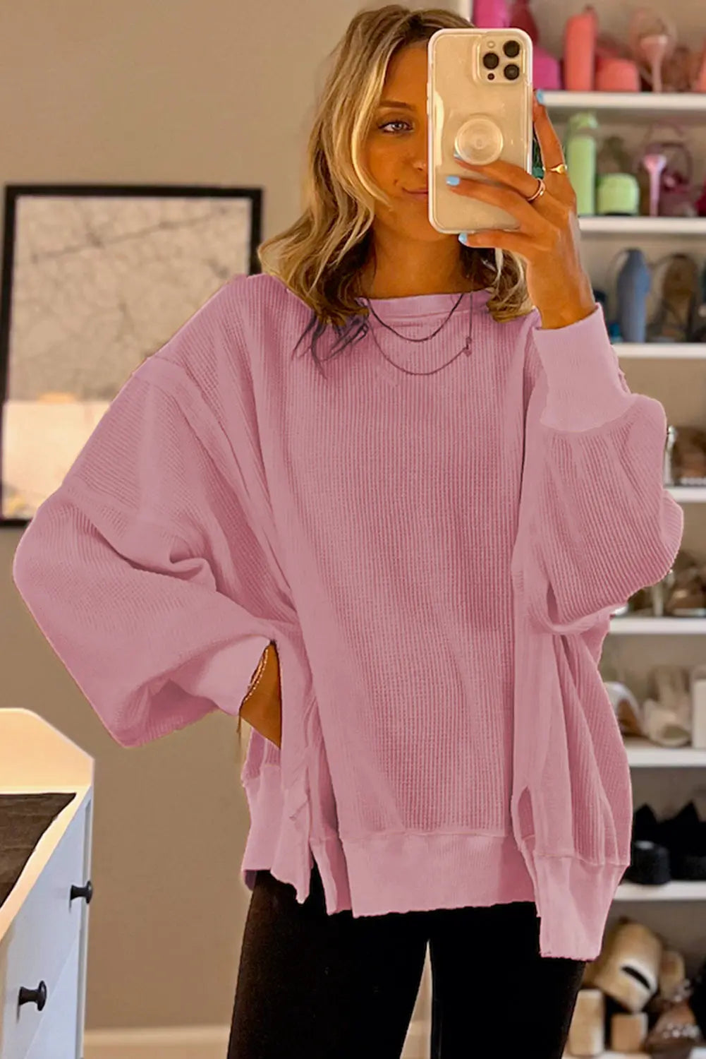 Pink Waffle Knit Bishop Sleeve Split Oversized Sweatshirt Beagle Boutique Fashion Outlet