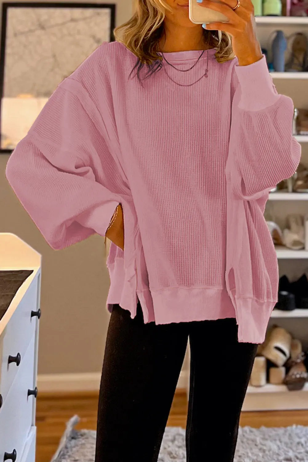 Pink Waffle Knit Bishop Sleeve Split Oversized Sweatshirt Beagle Boutique Fashion Outlet