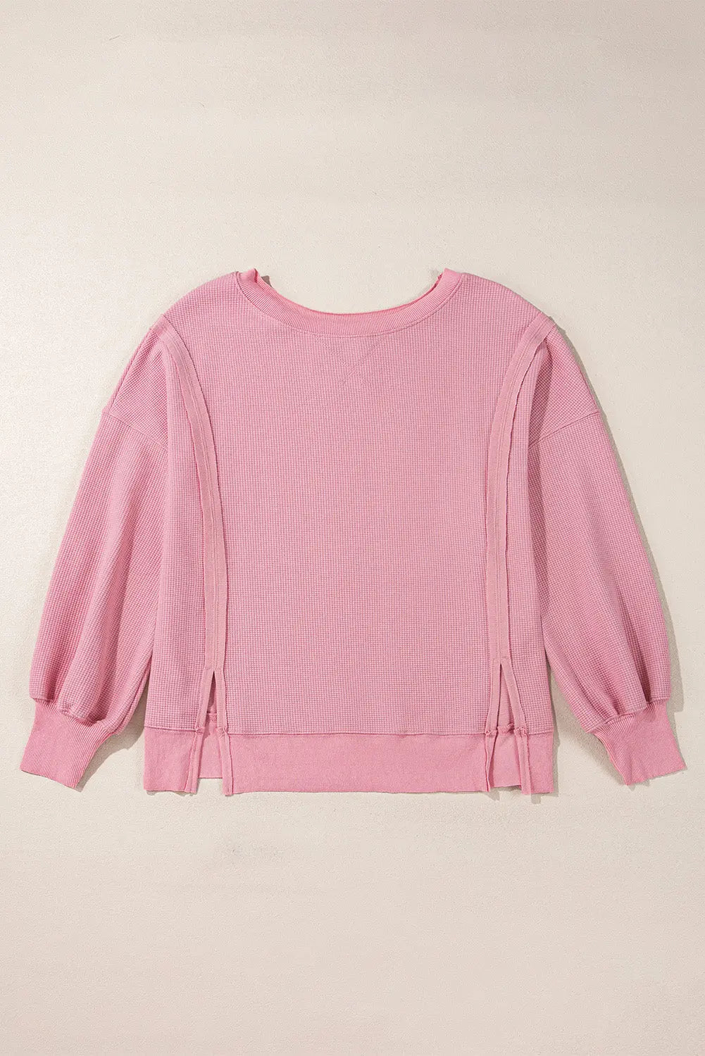 Pink Waffle Knit Bishop Sleeve Split Oversized Sweatshirt Beagle Boutique Fashion Outlet