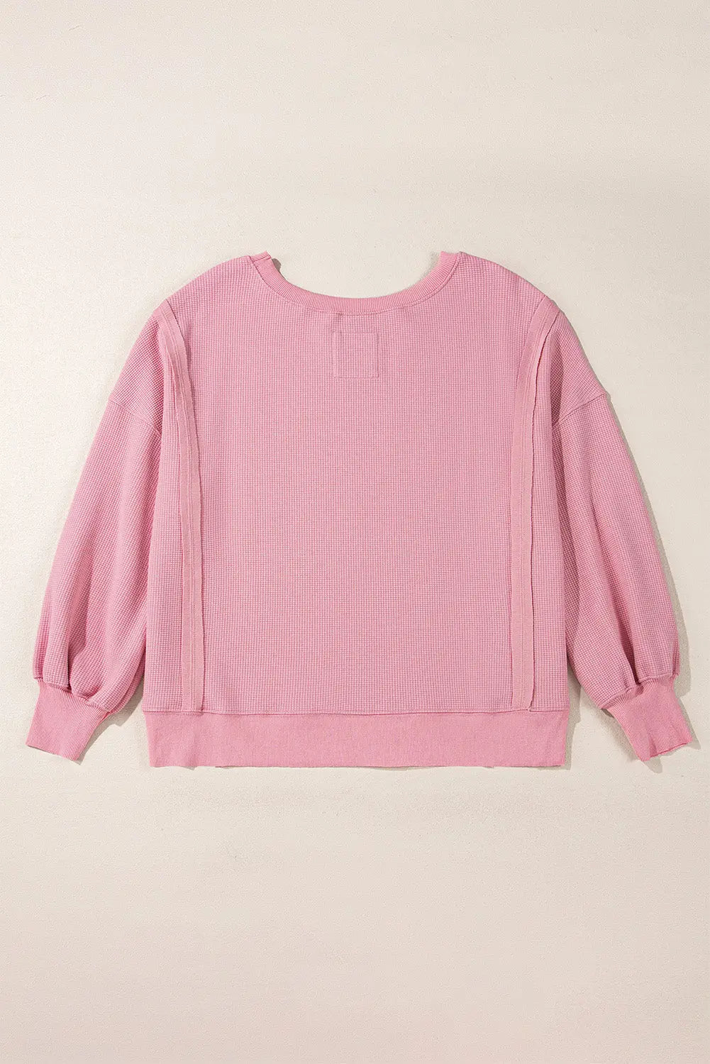 Pink Waffle Knit Bishop Sleeve Split Oversized Sweatshirt Beagle Boutique Fashion Outlet