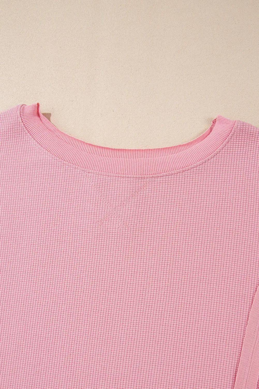 Pink Waffle Knit Bishop Sleeve Split Oversized Sweatshirt Beagle Boutique Fashion Outlet