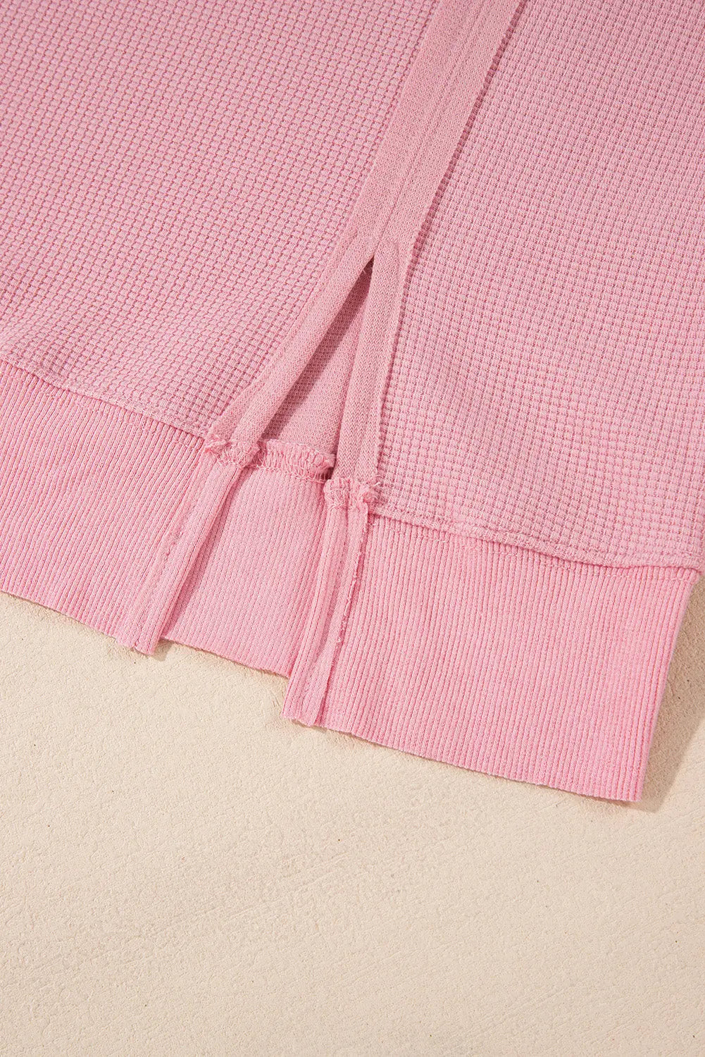 Pink Waffle Knit Bishop Sleeve Split Oversized Sweatshirt Beagle Boutique Fashion Outlet