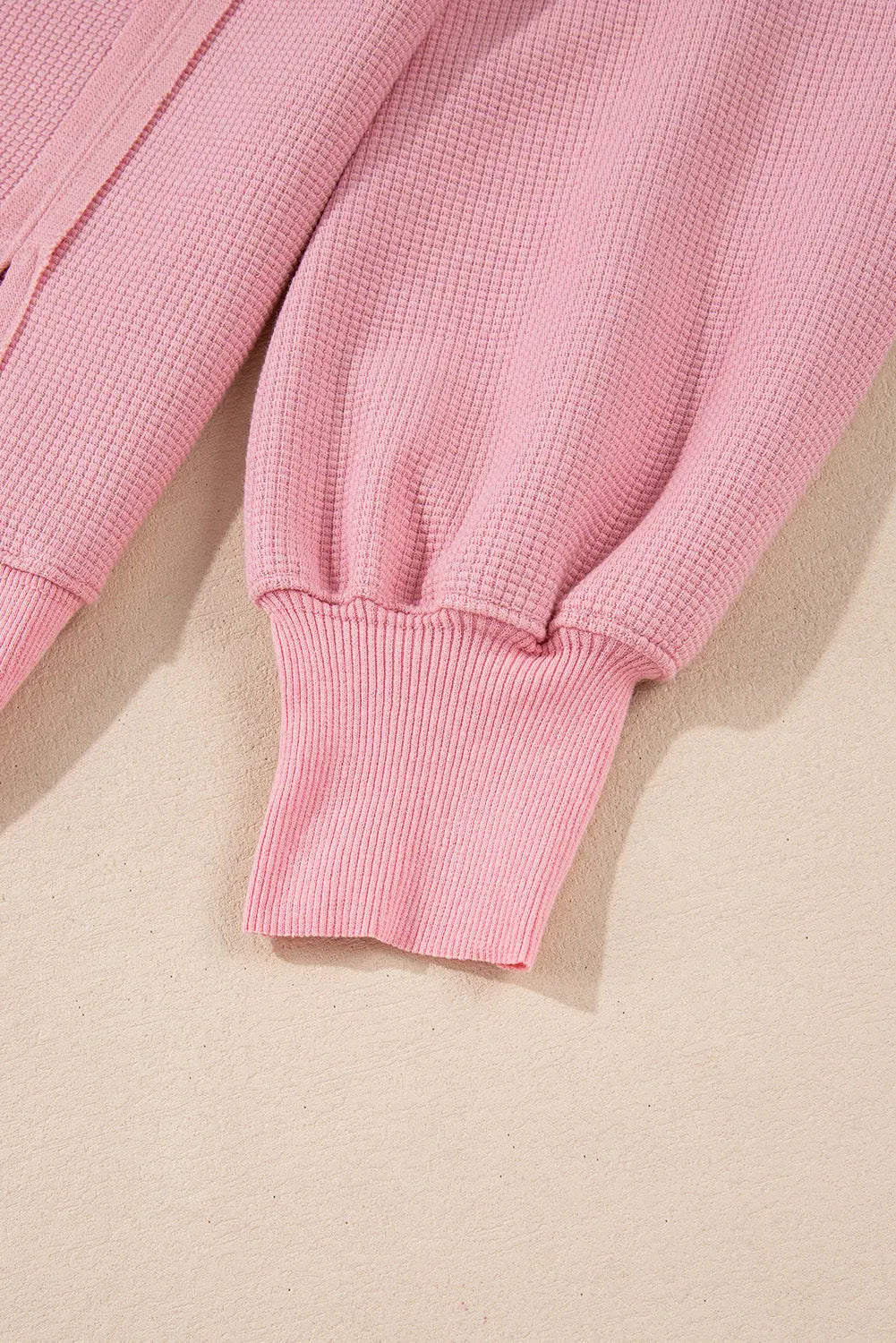 Pink Waffle Knit Bishop Sleeve Split Oversized Sweatshirt Beagle Boutique Fashion Outlet