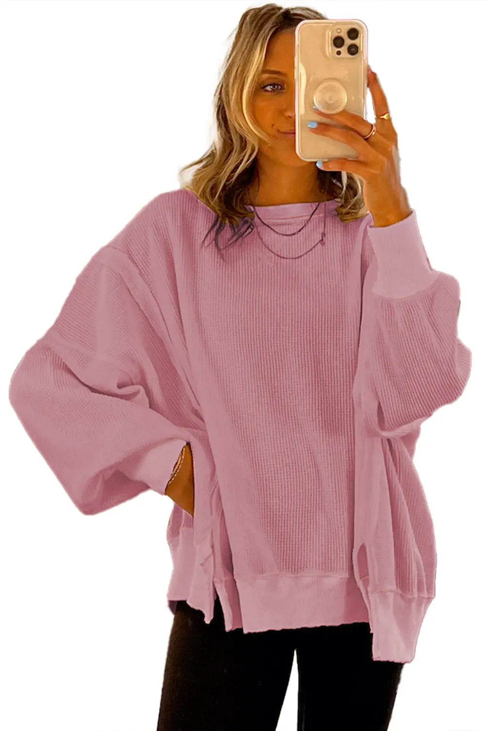 Pink Waffle Knit Bishop Sleeve Split Oversized Sweatshirt Beagle Boutique Fashion Outlet