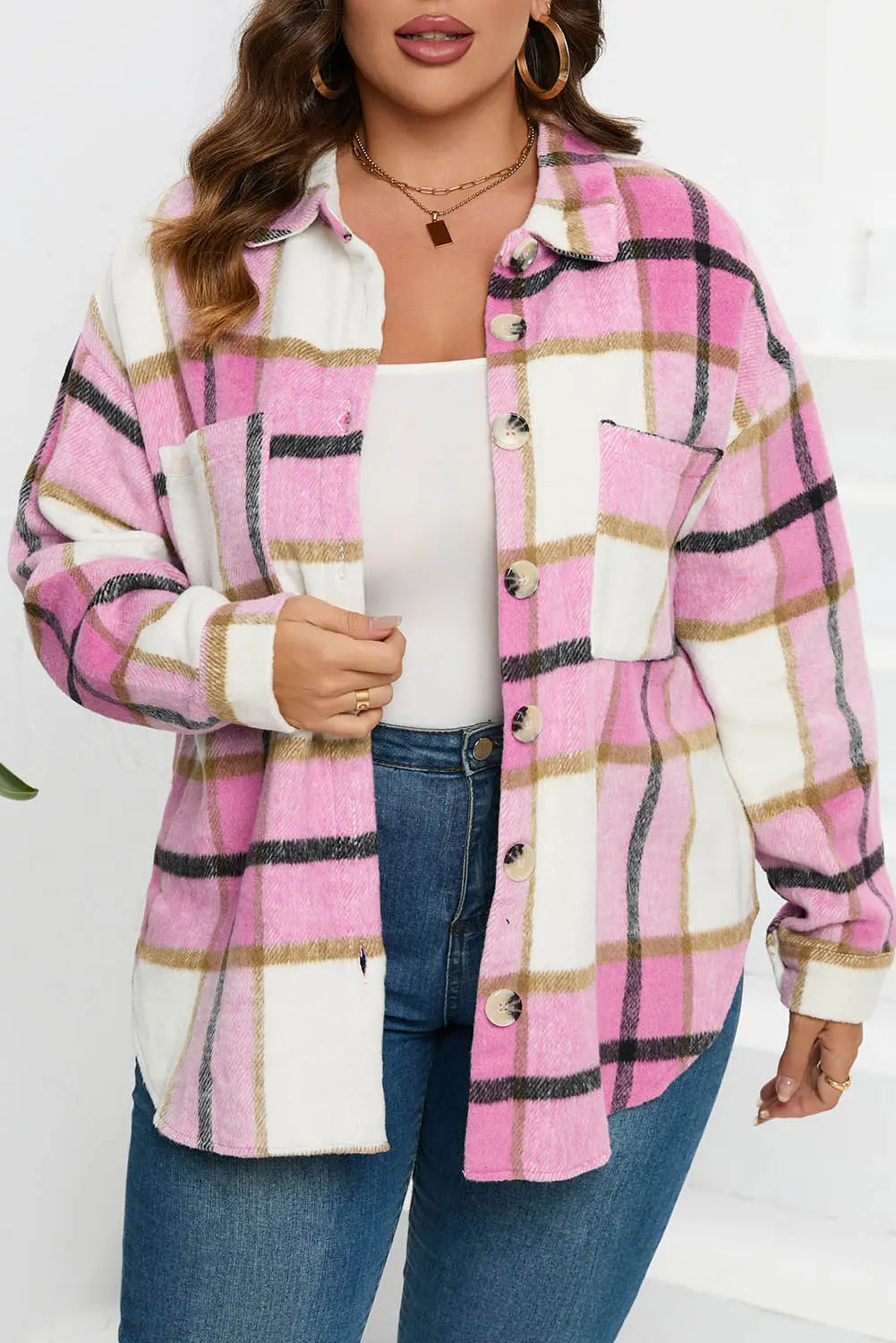 Plaid Buttoned Long Sleeve Jacket with Pocket - eAura