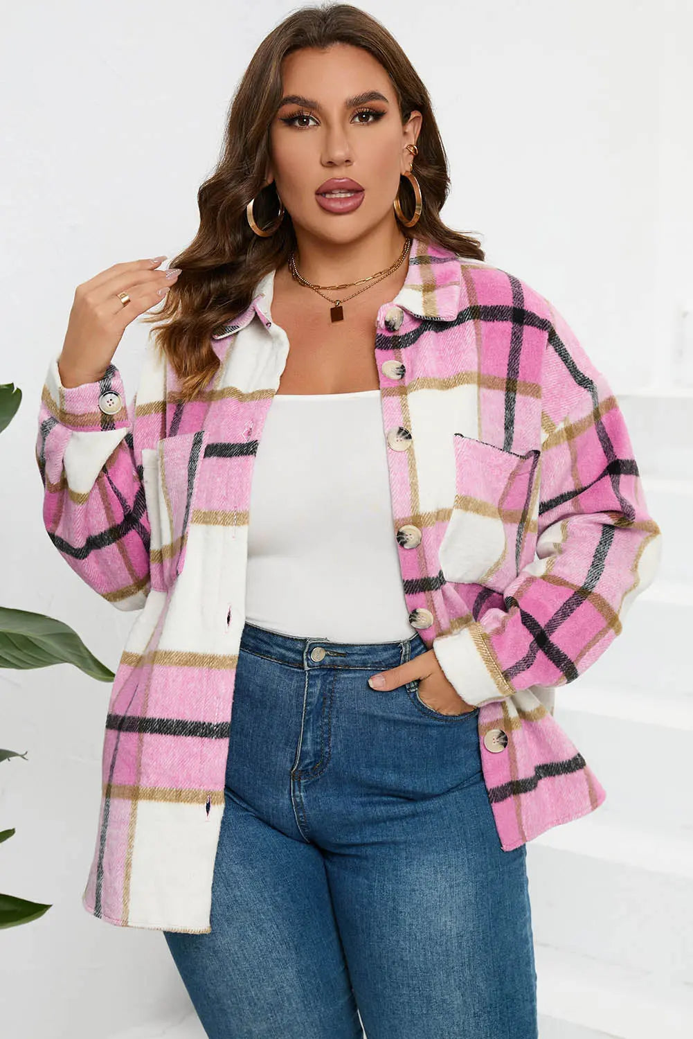 Plaid Buttoned Long Sleeve Jacket with Pocket - eAura