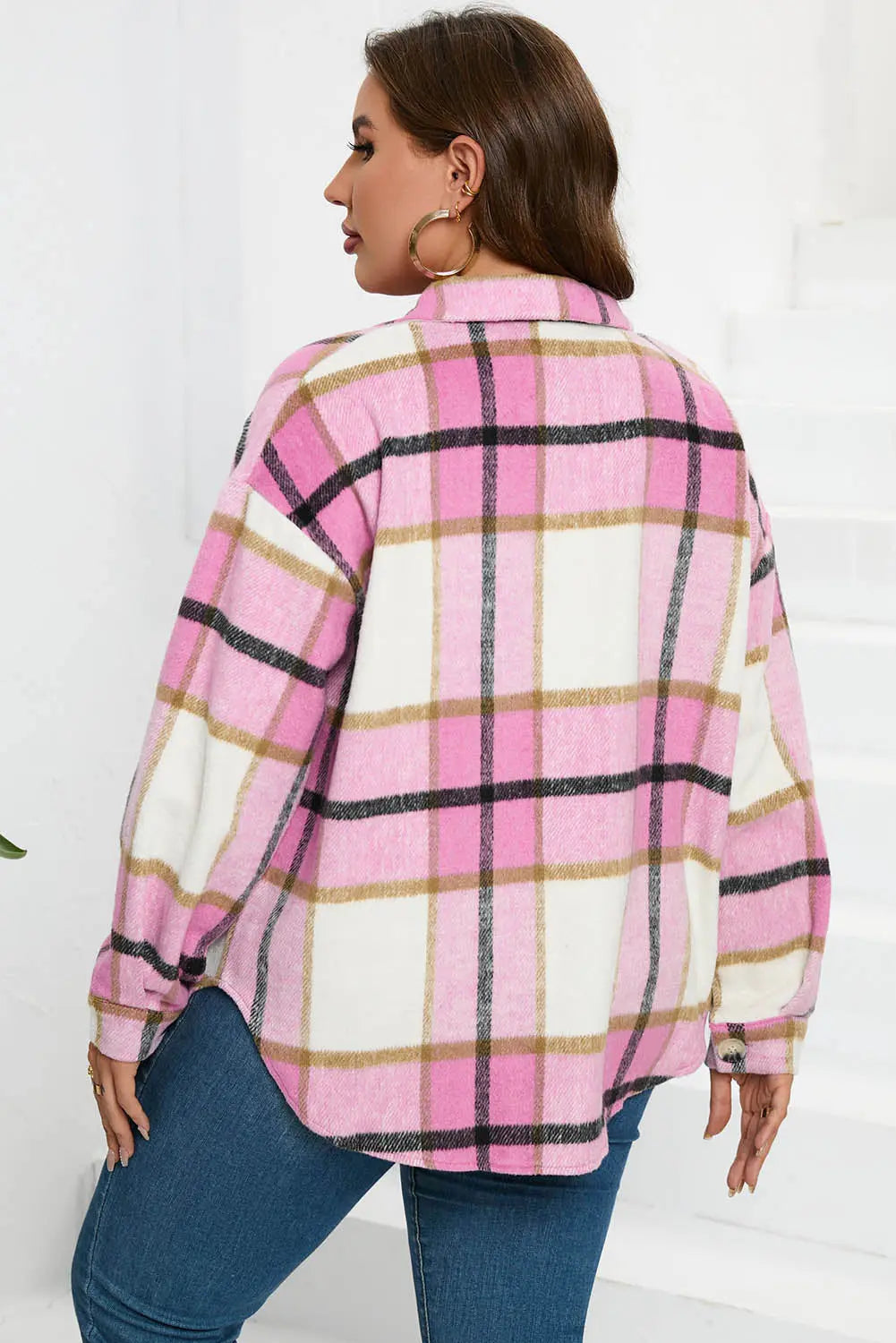 Plaid Buttoned Long Sleeve Jacket with Pocket - eAura