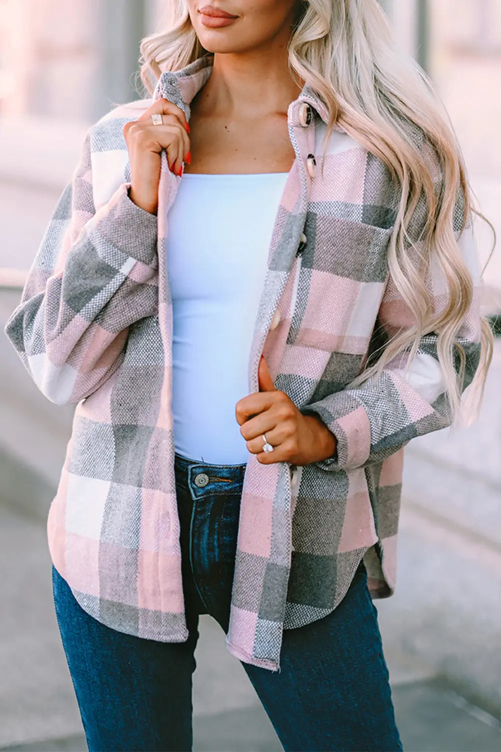 Plaid Buttoned Long Sleeve Jacket with Pocket - eAura